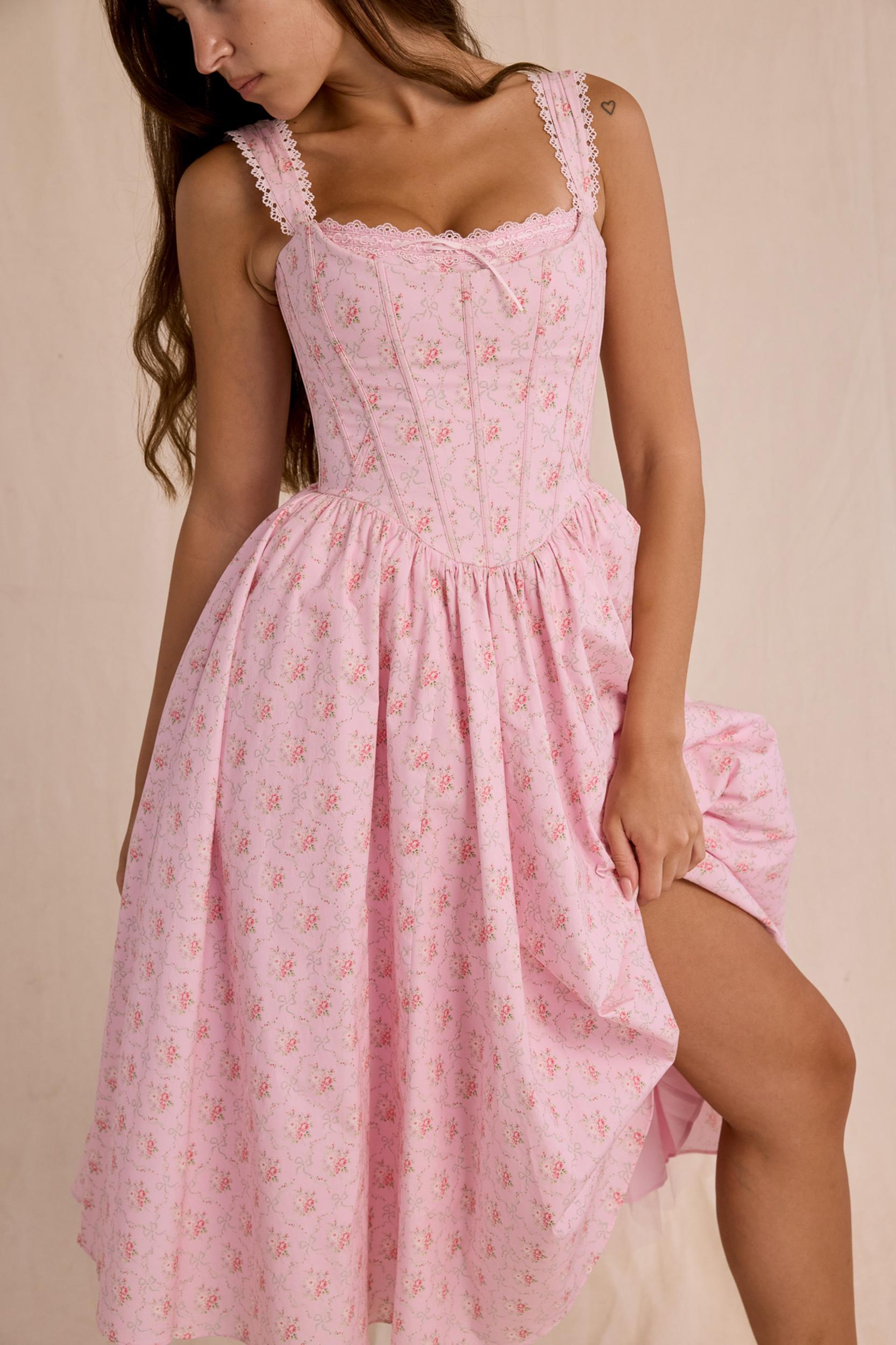 Amara  pink rose print stretch cotton corset midi dress Product Image