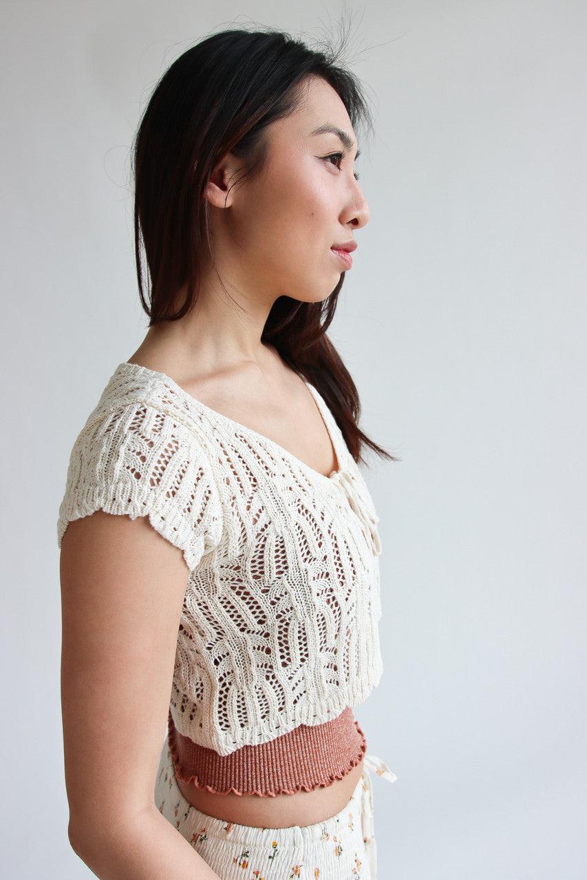 Short Sleeve Tie Front Lacy Knit Cardigan Product Image