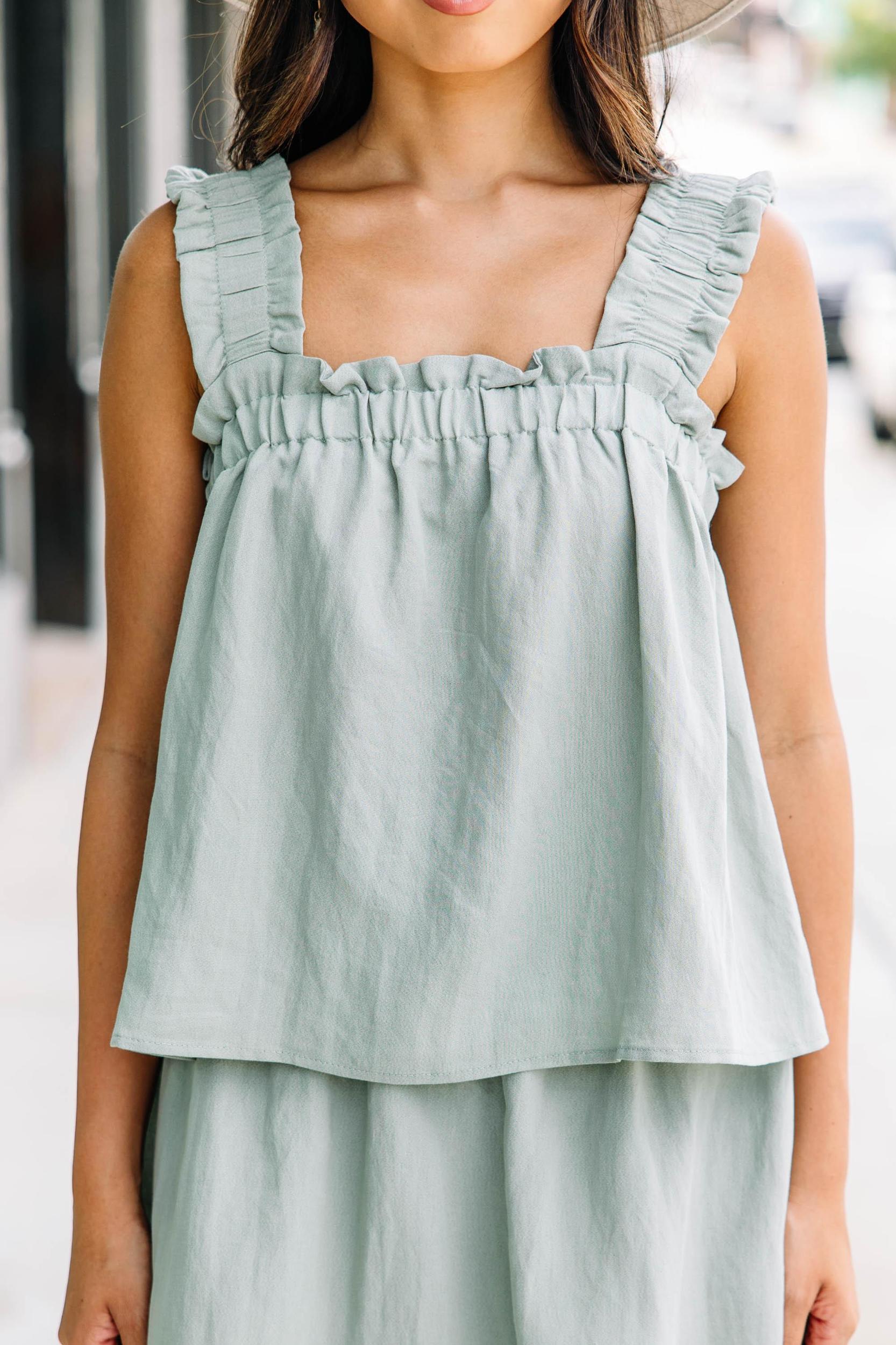 Keep You Around Dusty Sage Green Ruffled Tank Female Product Image