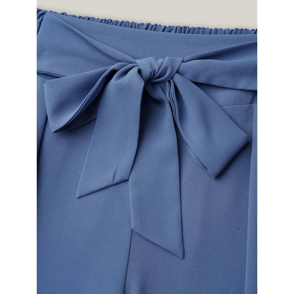Plus Size Smocked Waist-Tie Flared Pants Women Mediumblue Elegant Wide Leg Mid Rise Everyday Pants BloomChic 18-20/2X Product Image