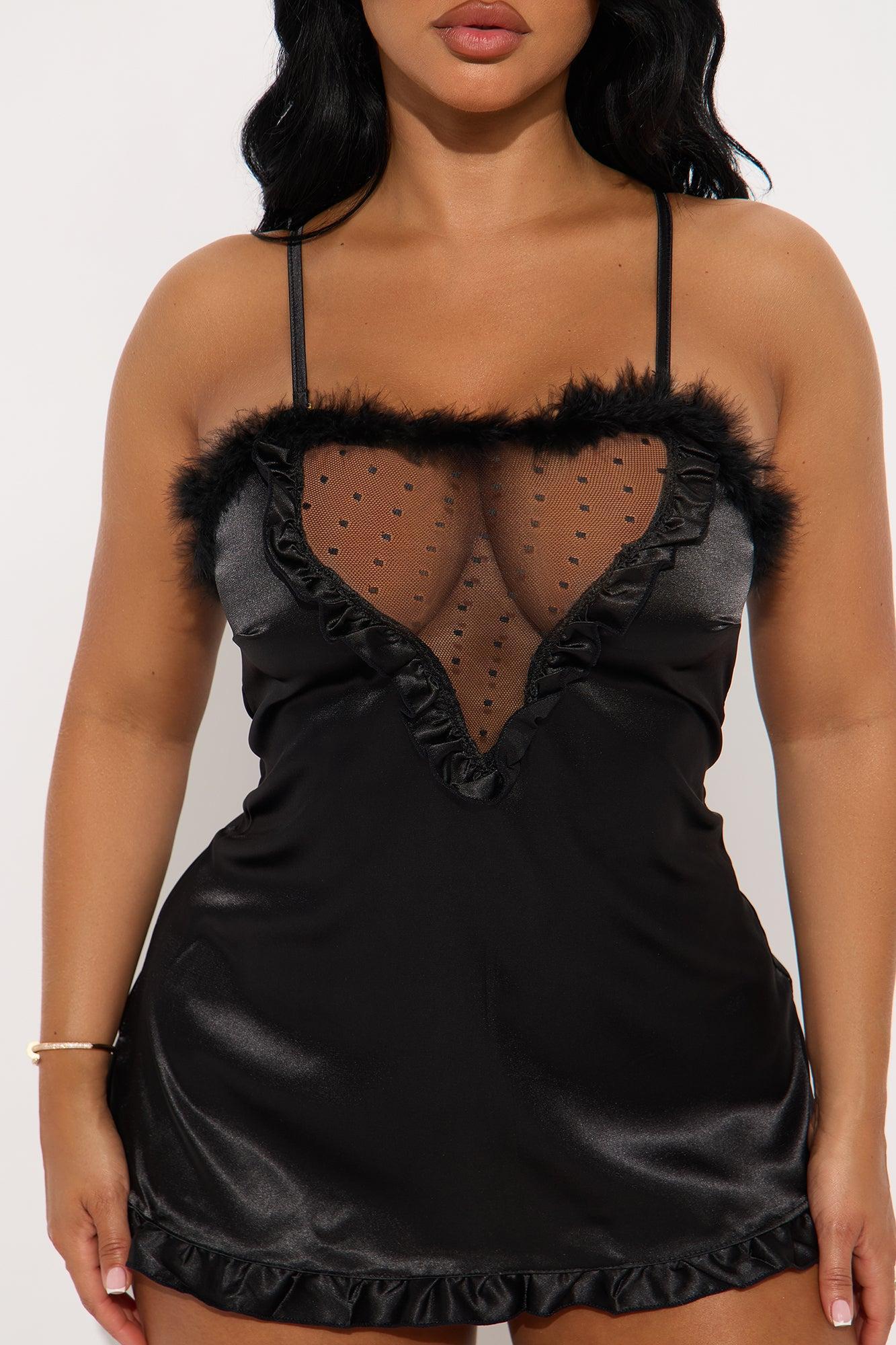 Sneak Peak Feather Trim Open Back Chemise  - Black Product Image