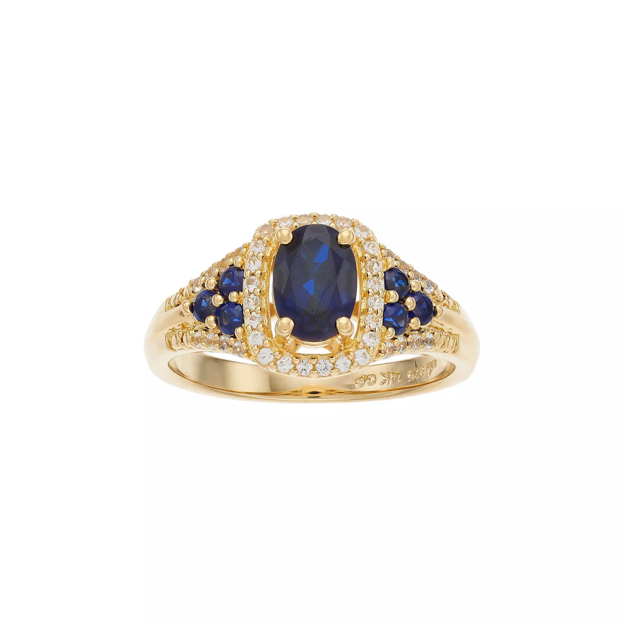 14k Gold Over Silver Lab-Created Blue & White Sapphire Oval Halo Ring, Women's, Size: 8, Gold Tone Product Image
