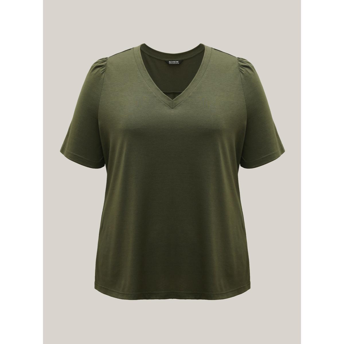 Plus Size Back Pleats V-Neck Split T-Shirt ArmyGreen Women Casual Overlapping V-neck Everyday T-shirts BloomChic 26/4X Product Image