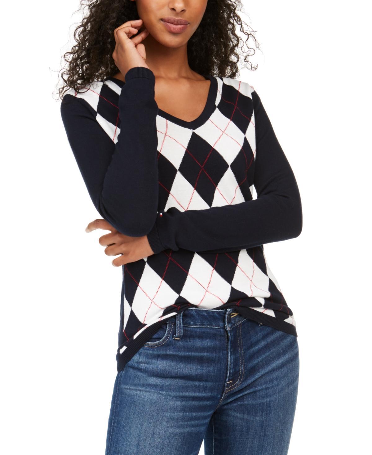 Tommy Hilfiger Womens Cotton Argyle V-Neck Sweater Product Image