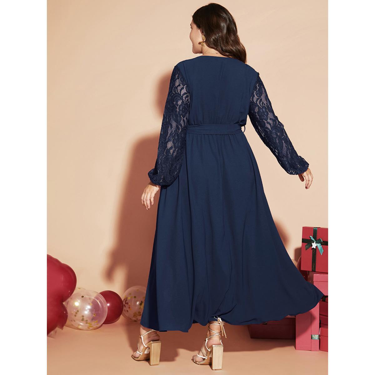 Plus Size Solid Wrap Pocket Lantern Sleeve Lace Belted Maxi Dress DarkBlue Women Elegant V-neck Long Sleeve Curvy Long Dress BloomChic 14-16/1X Product Image