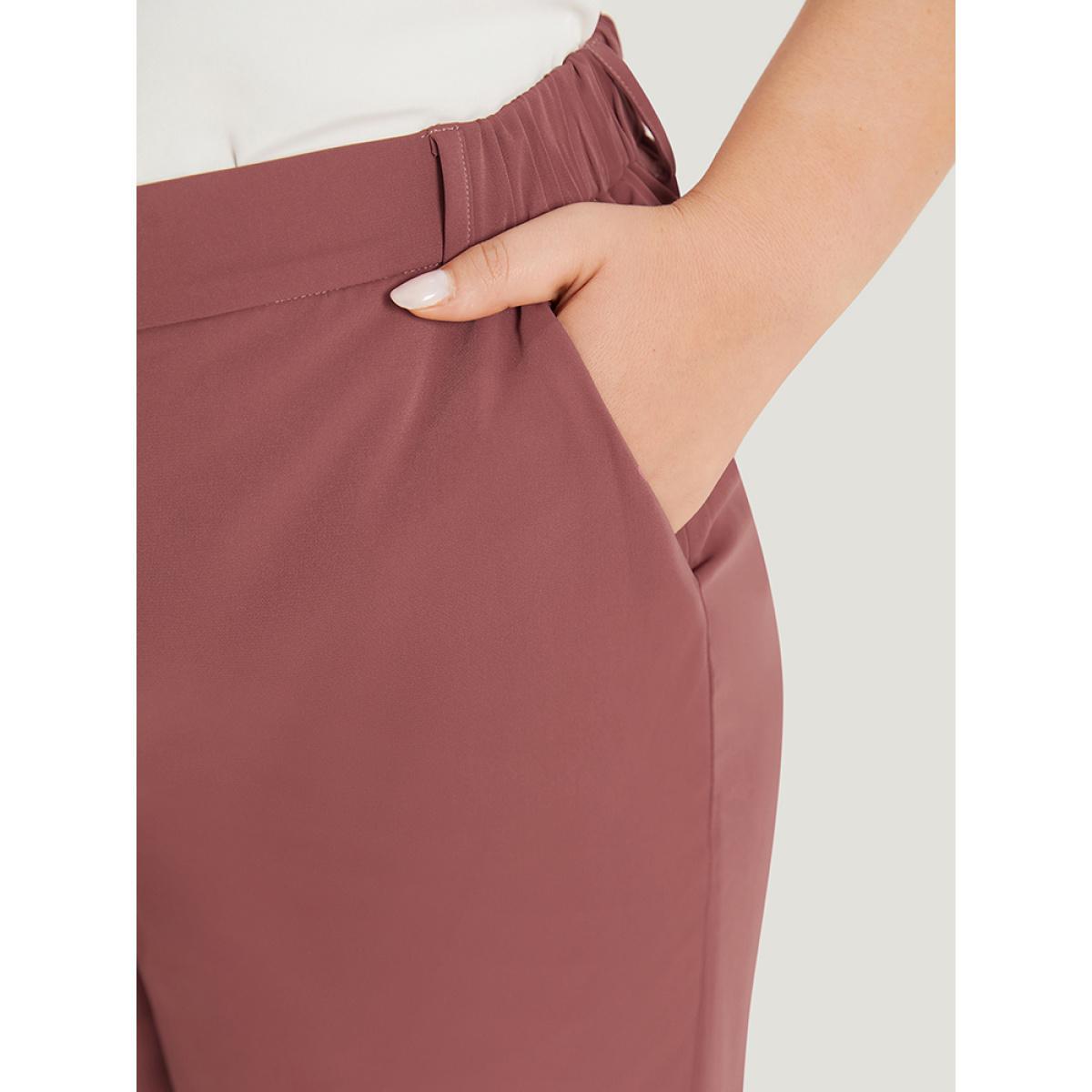 Plus Size Solid Pocket Elastic Waist Straight Leg Pants Women DustyPink Office Straight Leg High Rise Work Pants BloomChic 28/5X Product Image