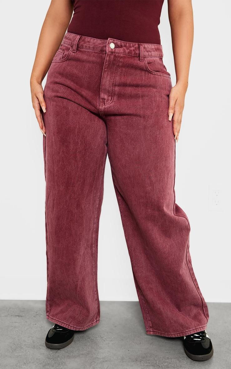 Plus Burgundy Washed Wide Leg Jeans Product Image