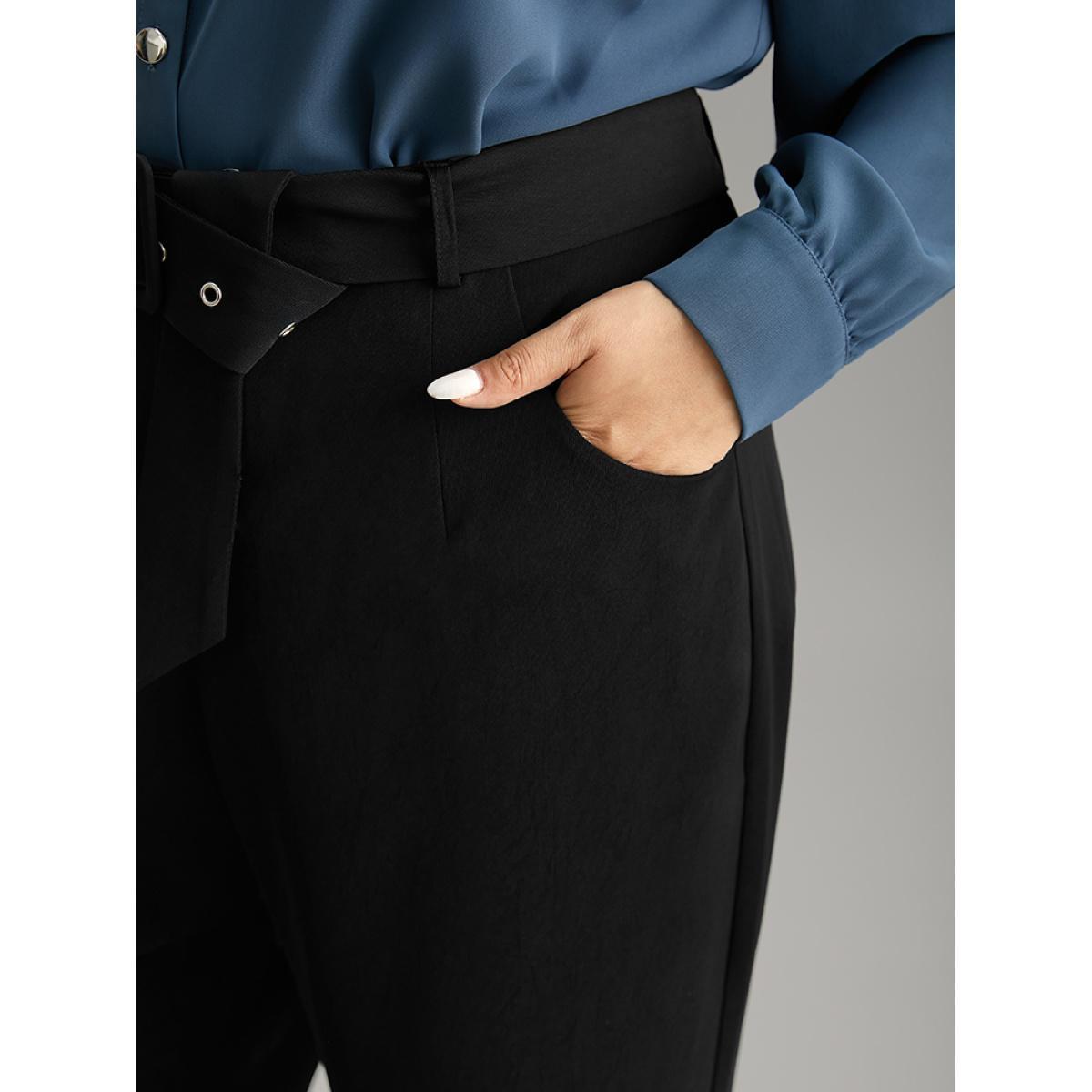 Plus Size Static-Free Buckle Detail Eyelet Pants Women Black Office High Rise Work Pants BloomChic 22-24/3X Product Image