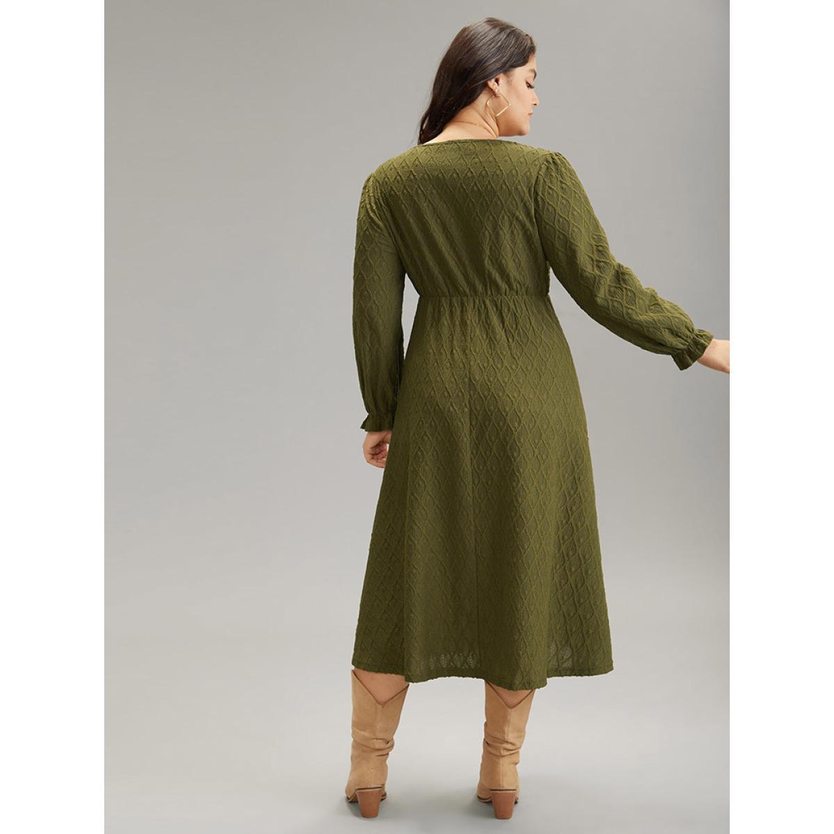 Plus Size Textured Jacquard Notched Ruffle Sleeve Dress ArmyGreen Women At the Office Texture Notched collar Long Sleeve Curvy Midi Dress BloomChic 26/4X Product Image