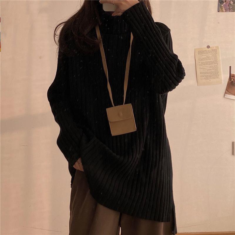 Long-Sleeve Turtleneck Plain Ribbed Knit Top Product Image