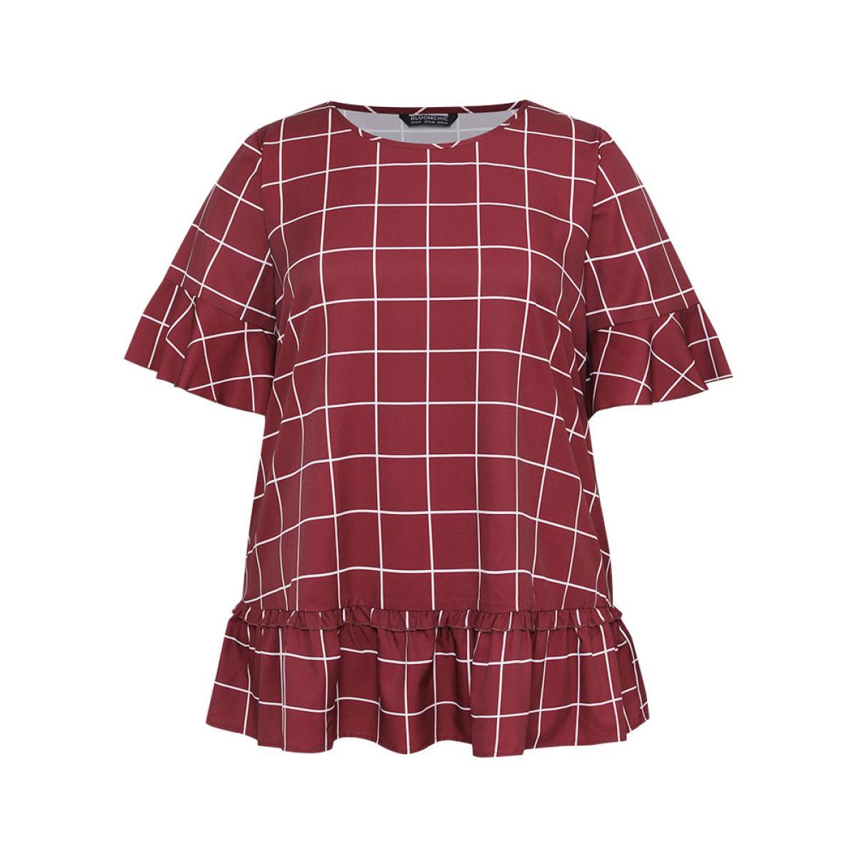 Plus Size Burgundy Plaid Frill Trim Bell Sleeve Flutter Hem Blouse Women Elegant Half Sleeve Round Neck Dailywear Blouses BloomChic 14-16/1X Product Image