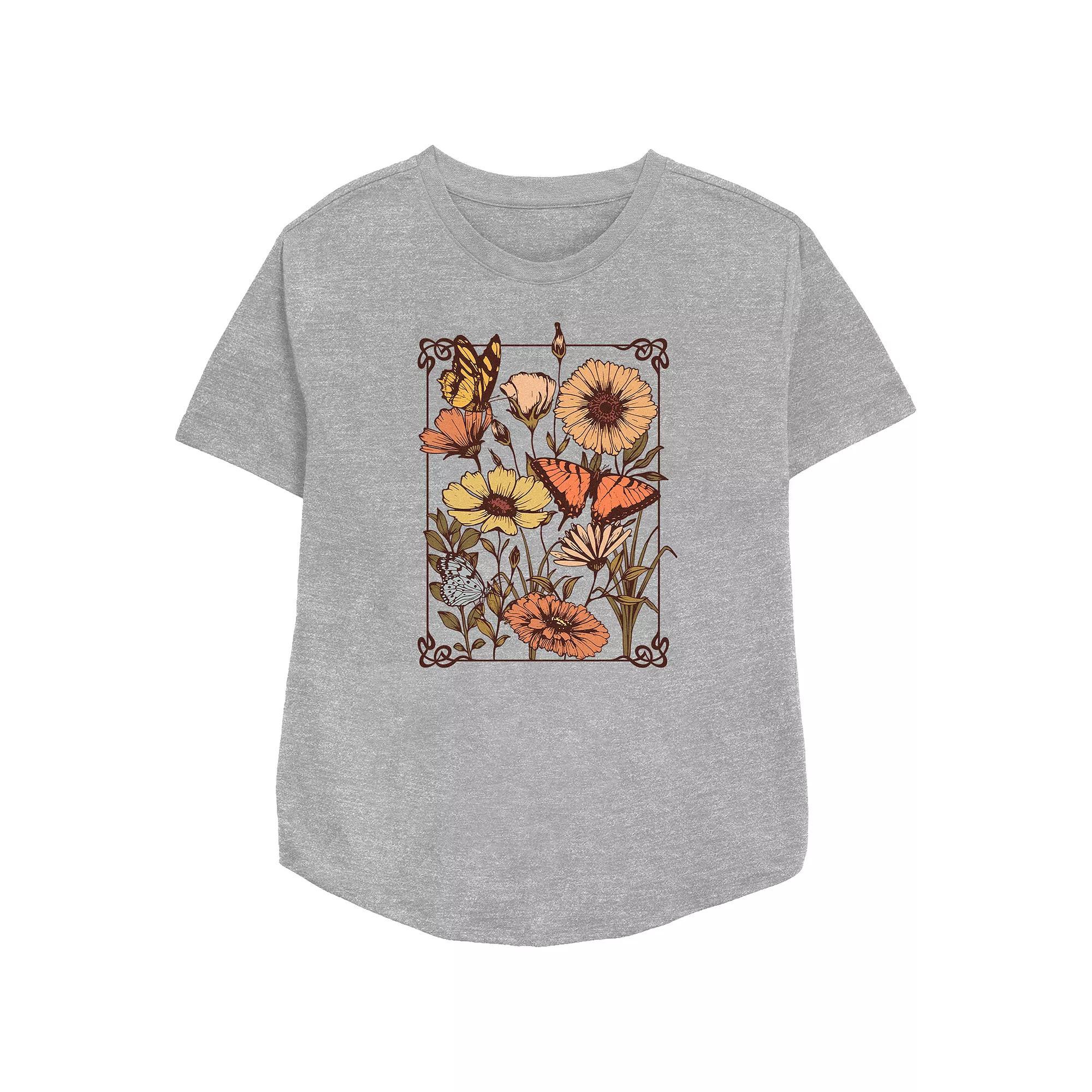 Women's Fall Flowers Butterfly Frame Relaxed Fit Graphic Tee, Girl's, Size: XXL, Athletic Grey Product Image