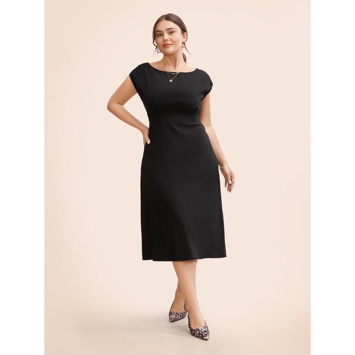 Plus Size Stretch Woven Cowl Neckline Midi Dress ArmyGreen Women Workwear Essentials Pleated Boat Neck Cap Sleeve Curvy BloomChic 22-24/3X Product Image