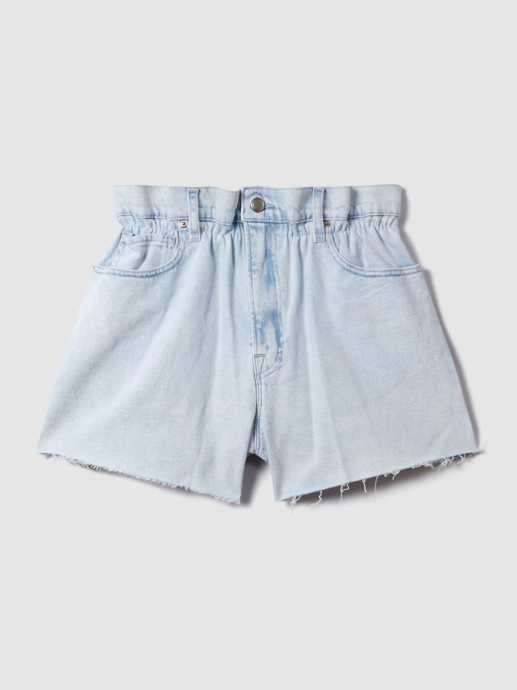 Good American Elasticated Waist Distressed Denim Shorts in Light Blue Product Image