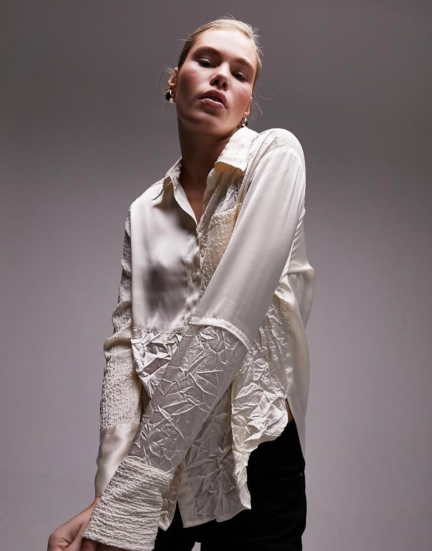 Topshop crinkle satin lace patchwork shirt Product Image