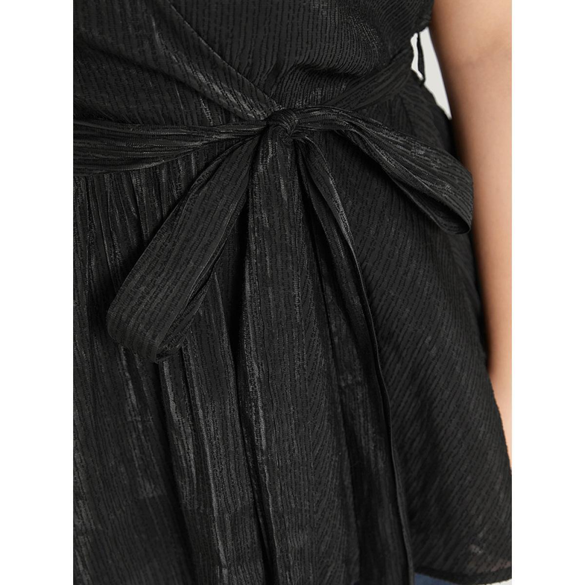 Plus Size Black Plain Plisse Surplice Neck Belted Flutter Blouse Women Elegant Short sleeve V-neck Dailywear Blouses BloomChic 14-16/1X Product Image