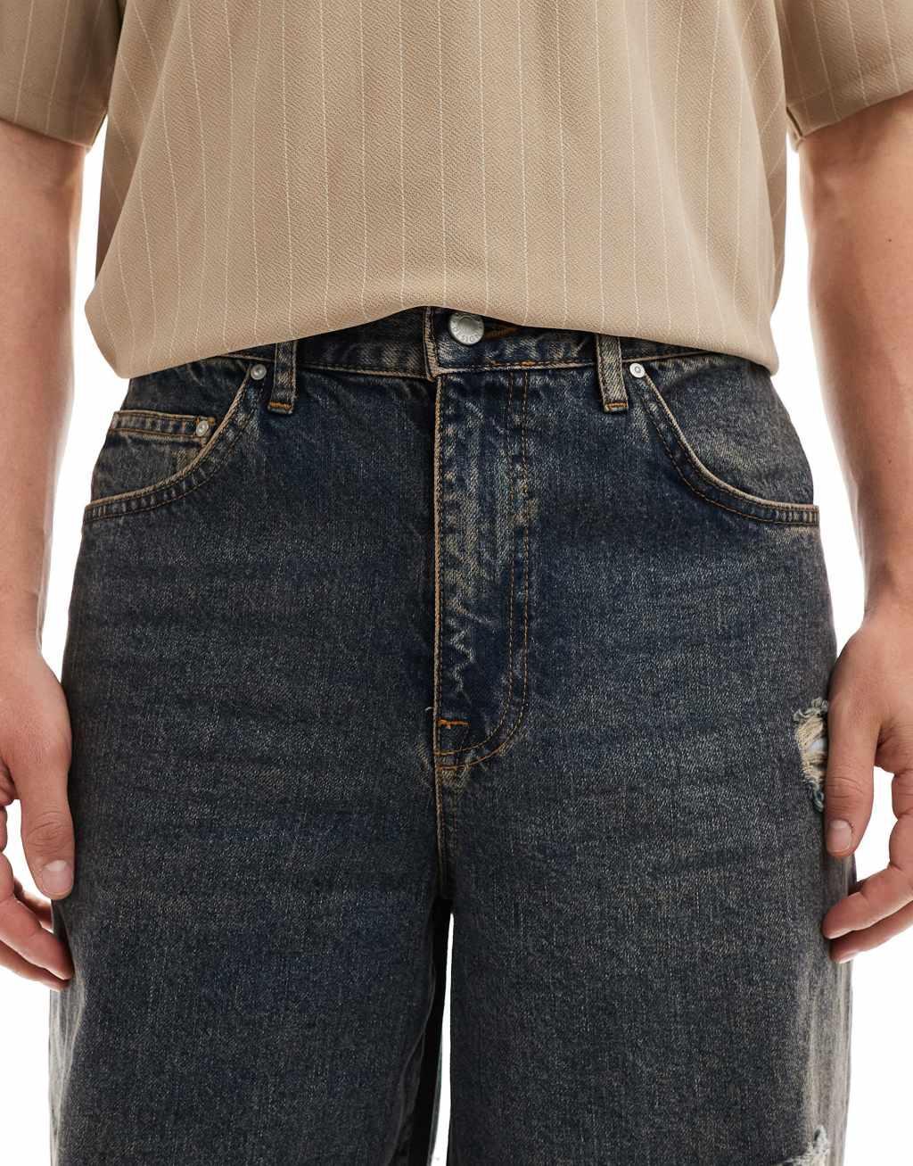 ASOS DESIGN super baggy jeans in tinted mid wash with heavy rips Product Image