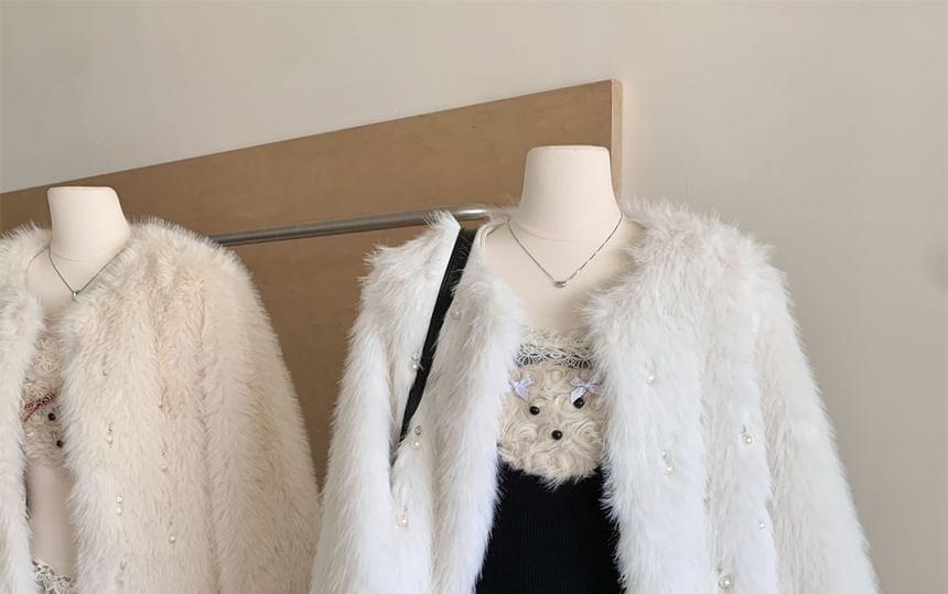Round Neck Beaded Fluffy Jacket Product Image