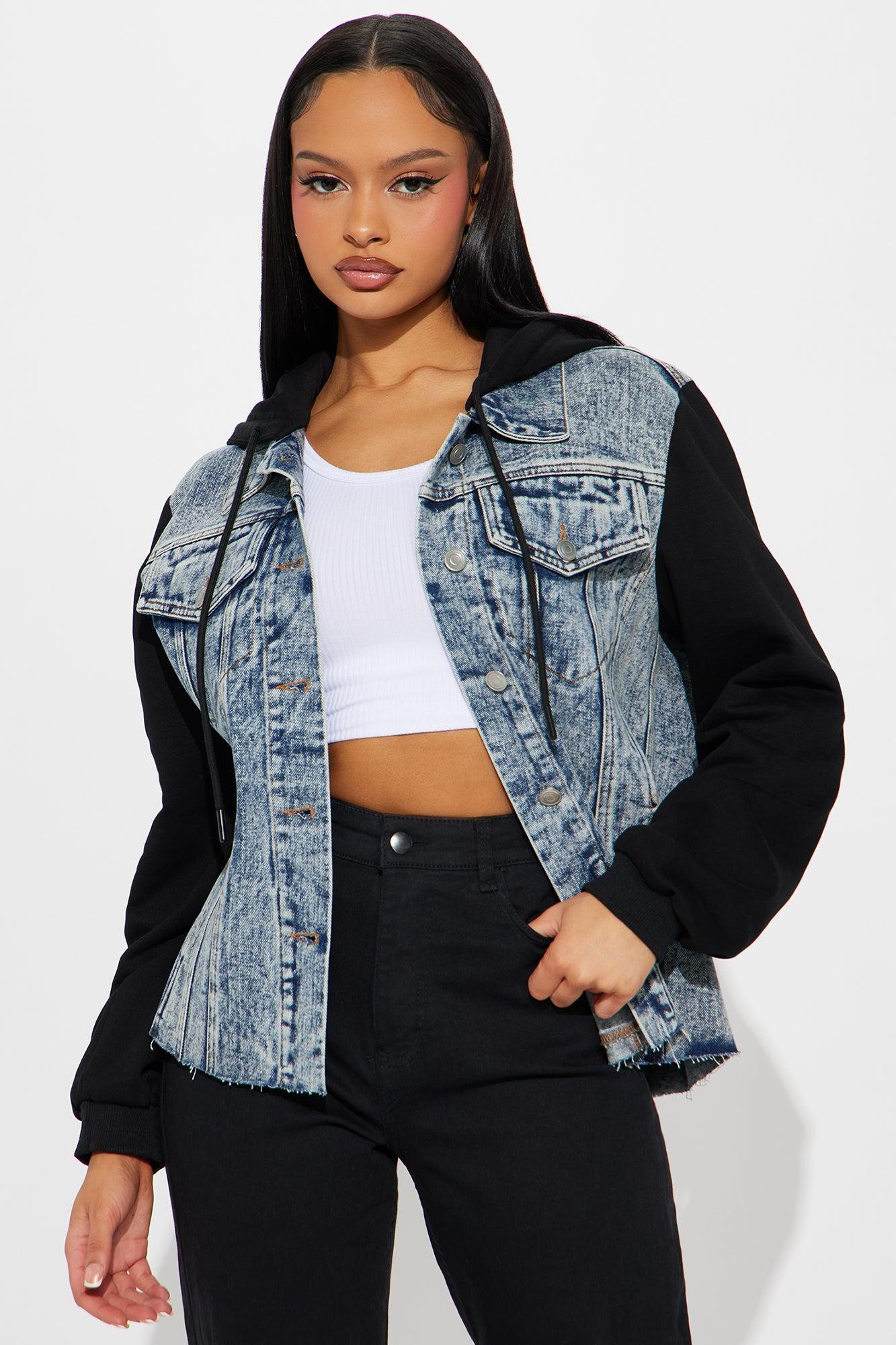 Out Loud Hooded Mix Media Denim Jacket - Dark Wash Product Image