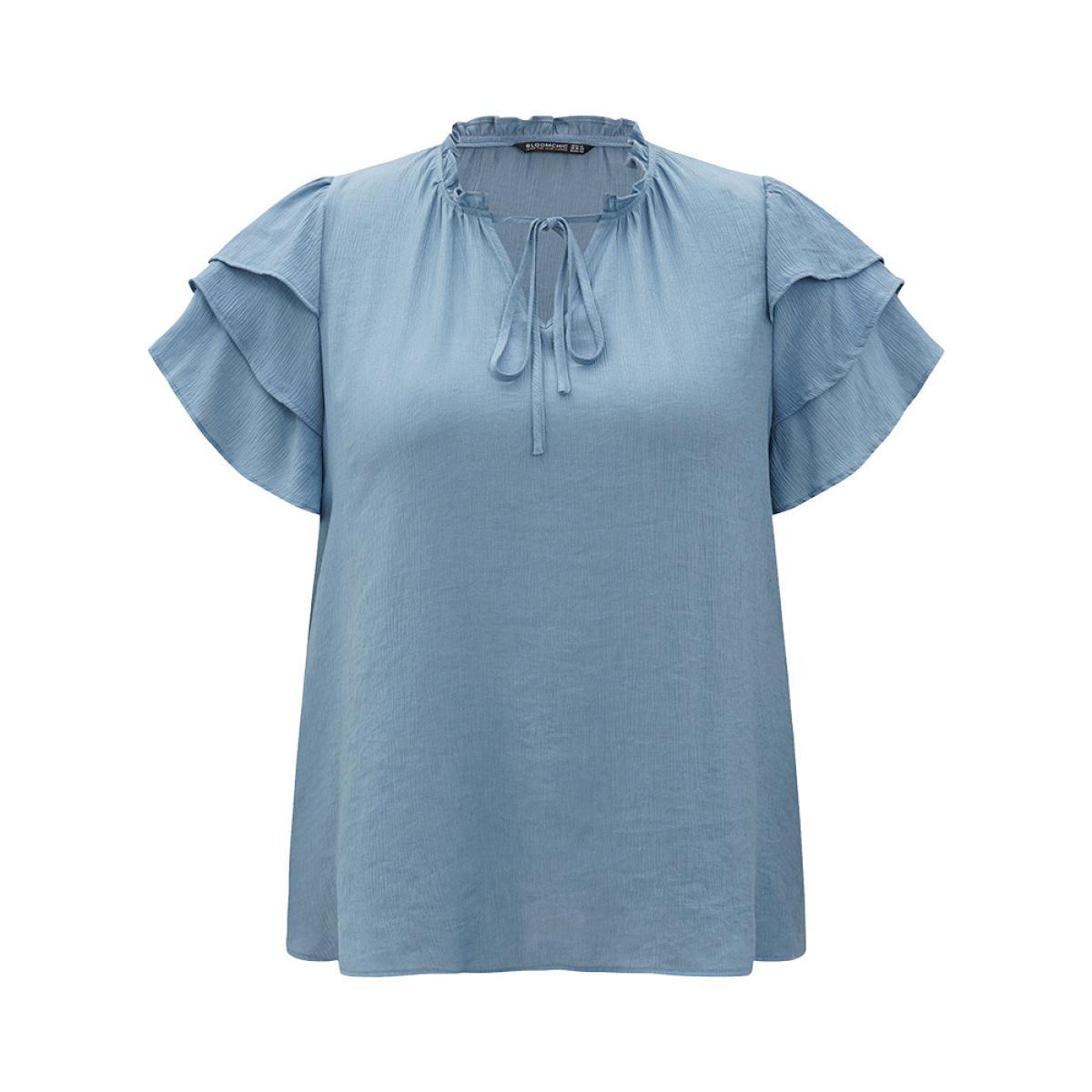 Plus Size Stone Plain Knot Neck Stand Collar Ruffle Layered Sleeve Blouse Women Elegant Short sleeve Tie Neck Dailywear Blouses BloomChic 12/L Product Image