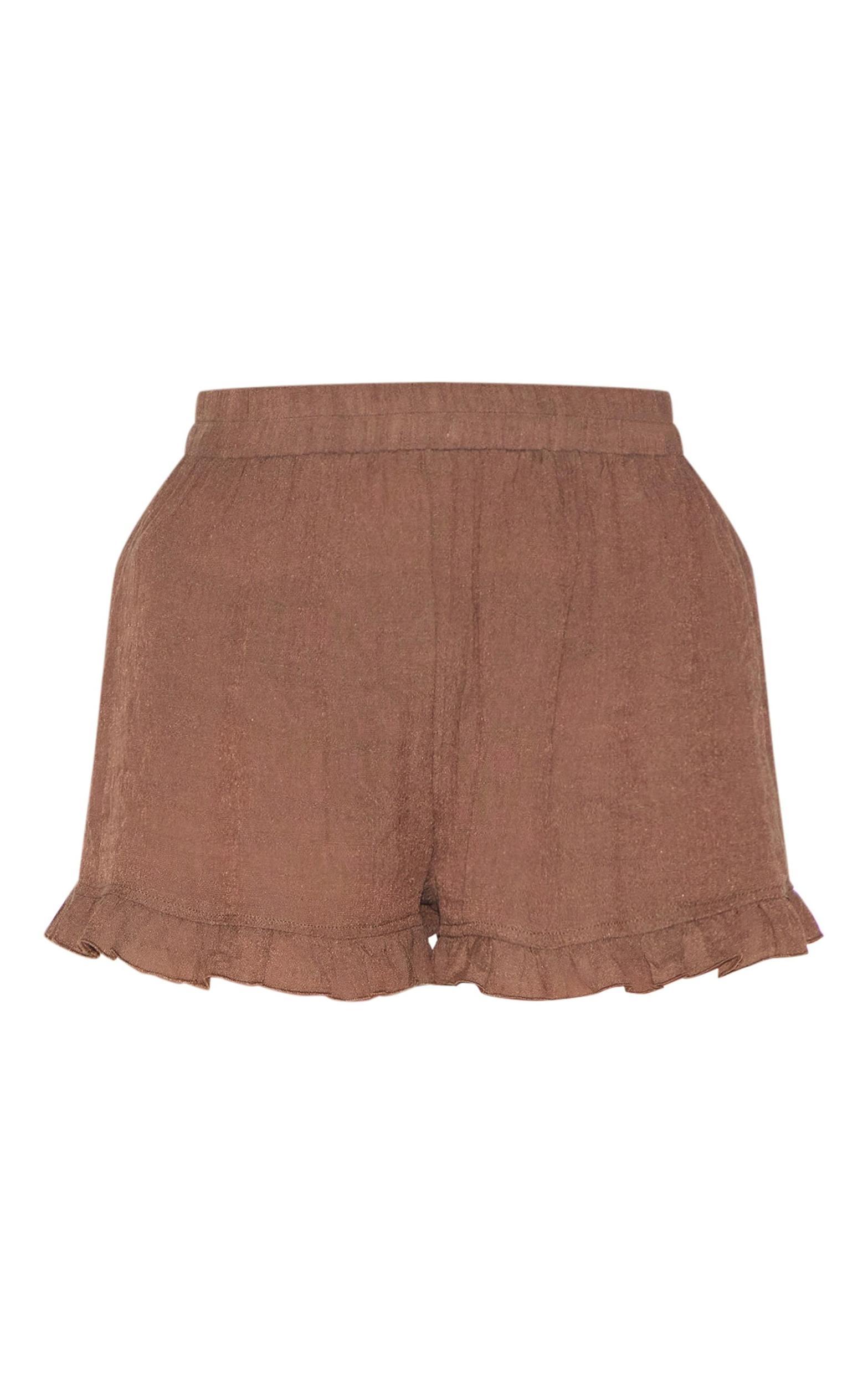 Chocolate Textured Woven Frill Edge Shorts Product Image