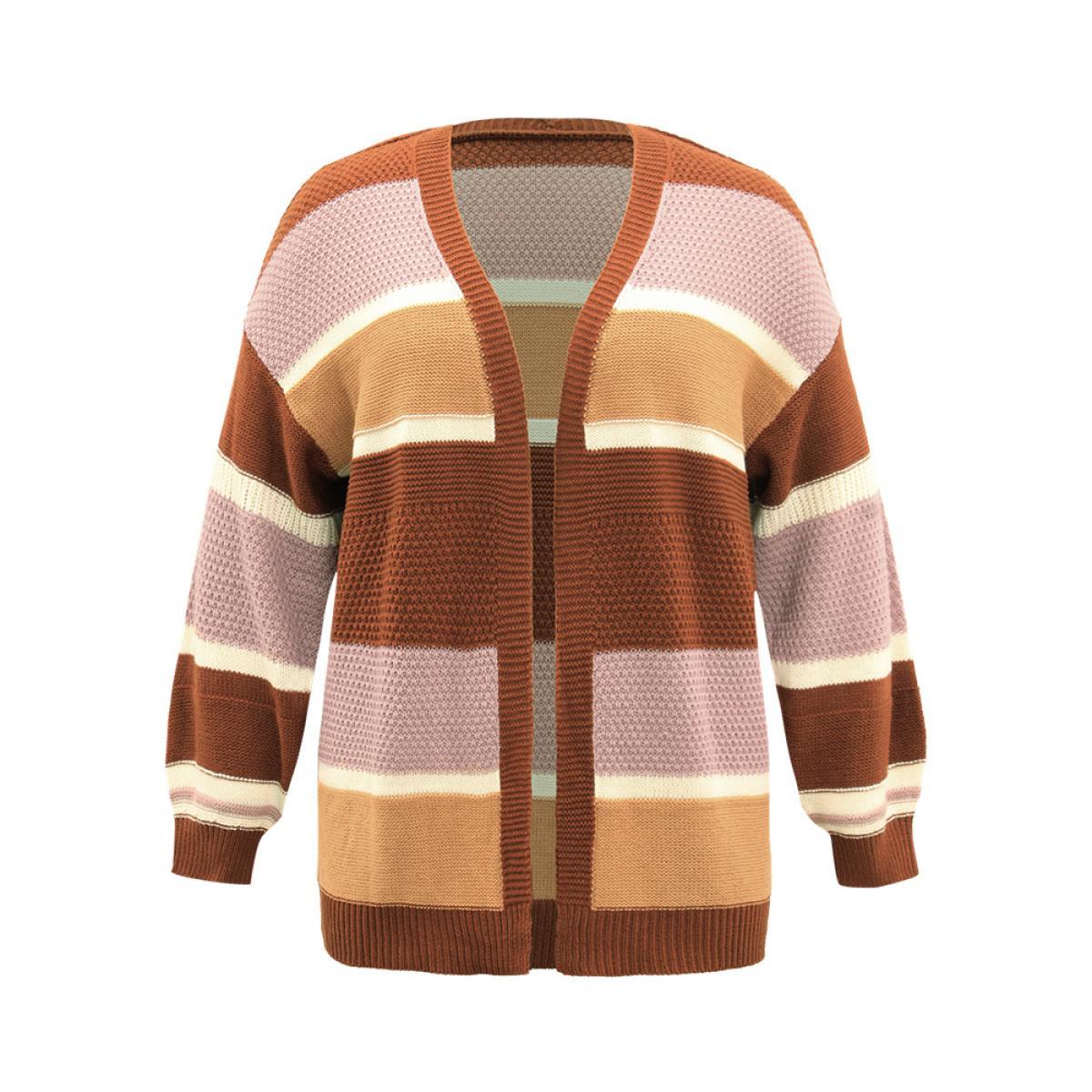 Plus Size Striped Contrast Elastic Cuffs Cardigan Multicolor Women Casual Loose Long Sleeve Dailywear Cardigans BloomChic 26/4X Product Image