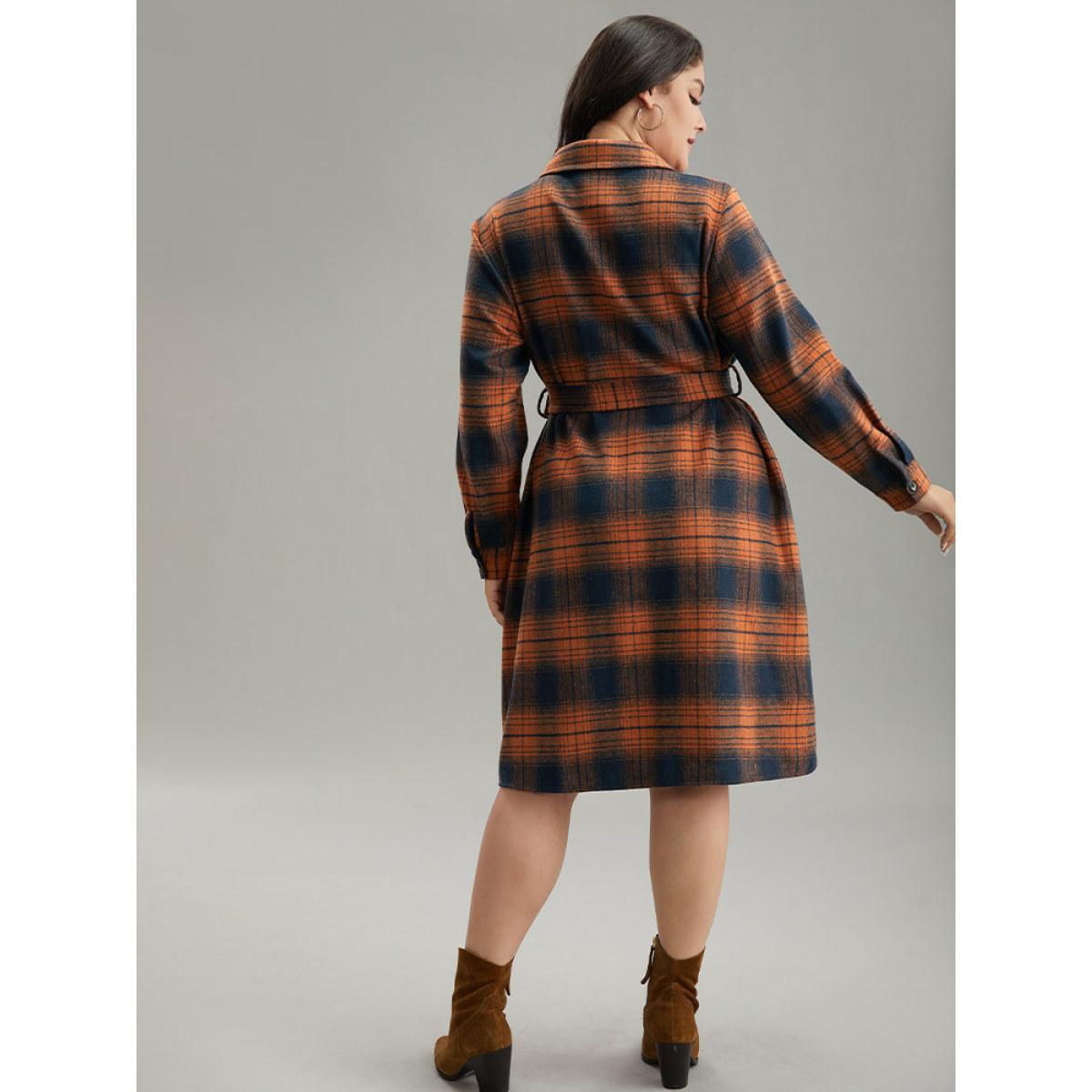 Plus Size Plaid Shirt Collar Belted Button Through Dress Rust Women Casual Belted Shirt collar Long Sleeve Curvy Midi Dress BloomChic 30/6X Product Image