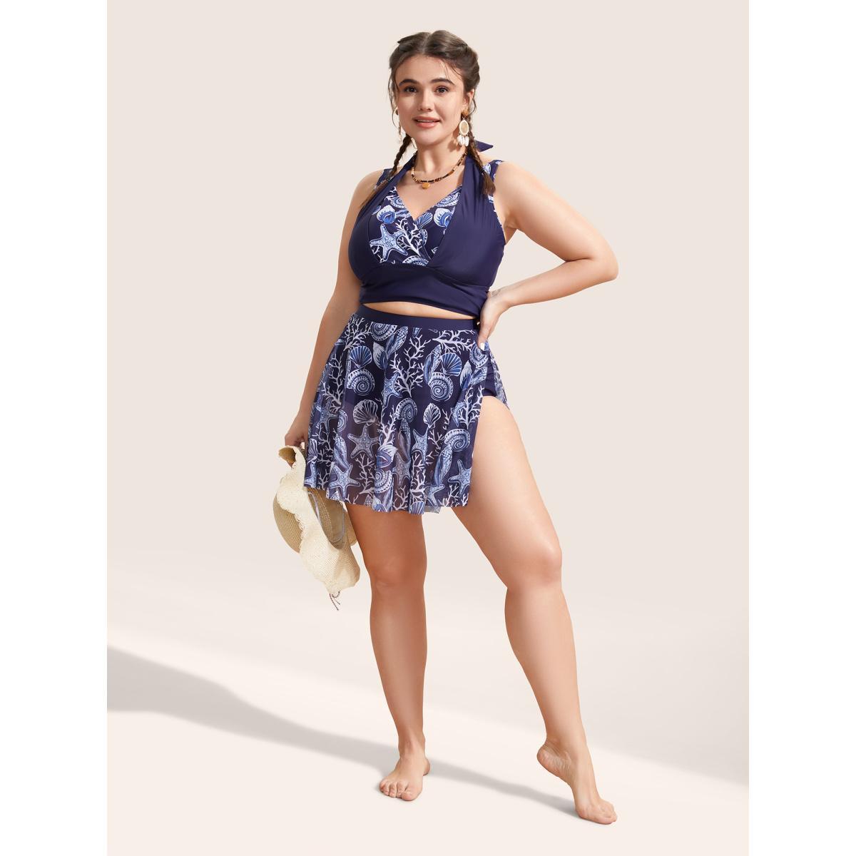 Plus Size Marine Elements Patchwork Tie Knot Swim Top Women's Swimwear Indigo Beach Cross straps High stretch Skinny V-neck Curve Swim Tops BloomChic 18-20/2X Product Image