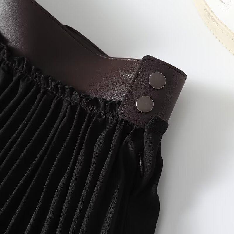 High Rise Faux Leather Panel Accordion Pleated Midi A-Line Skirt Product Image