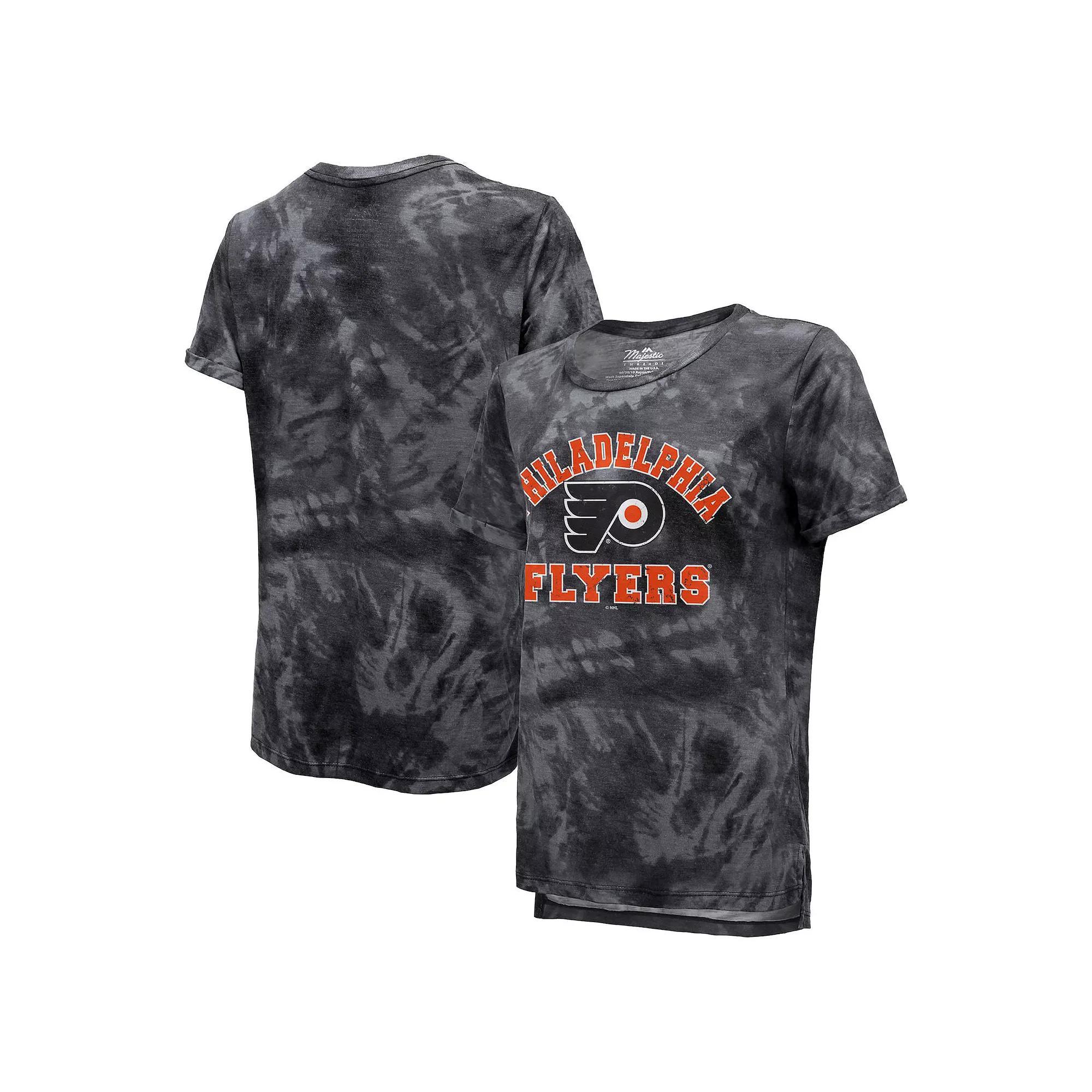 Women's Majestic Threads Black Chicago Blackhawks Boyfriend Tie-Dye Tri-Blend T-Shirt, Size: Medium Product Image