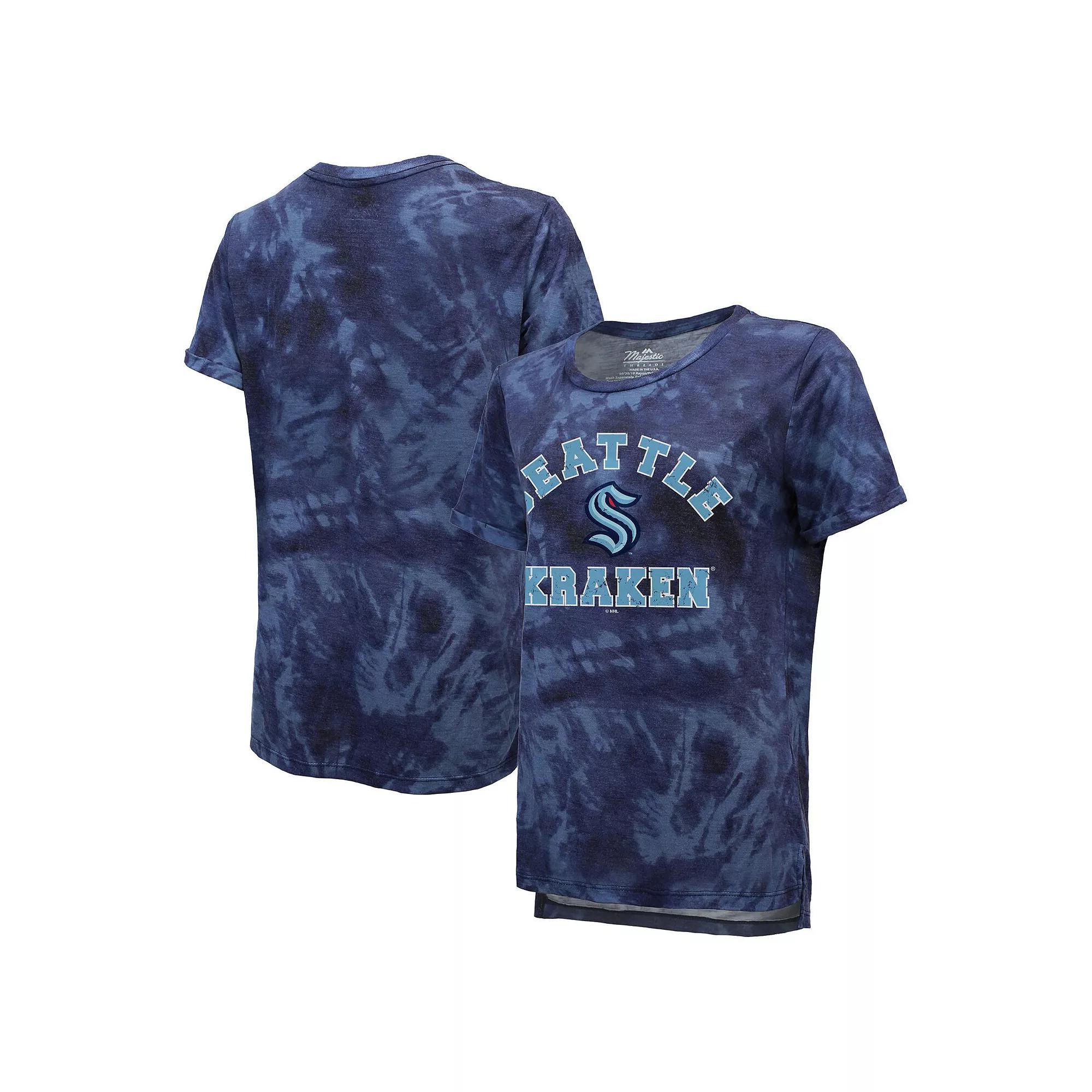 Women's Majestic Threads Deep Sea Blue Seattle Kraken Boyfriend Tie-Dye T-Shirt, Size: Small, Krk Blue Product Image