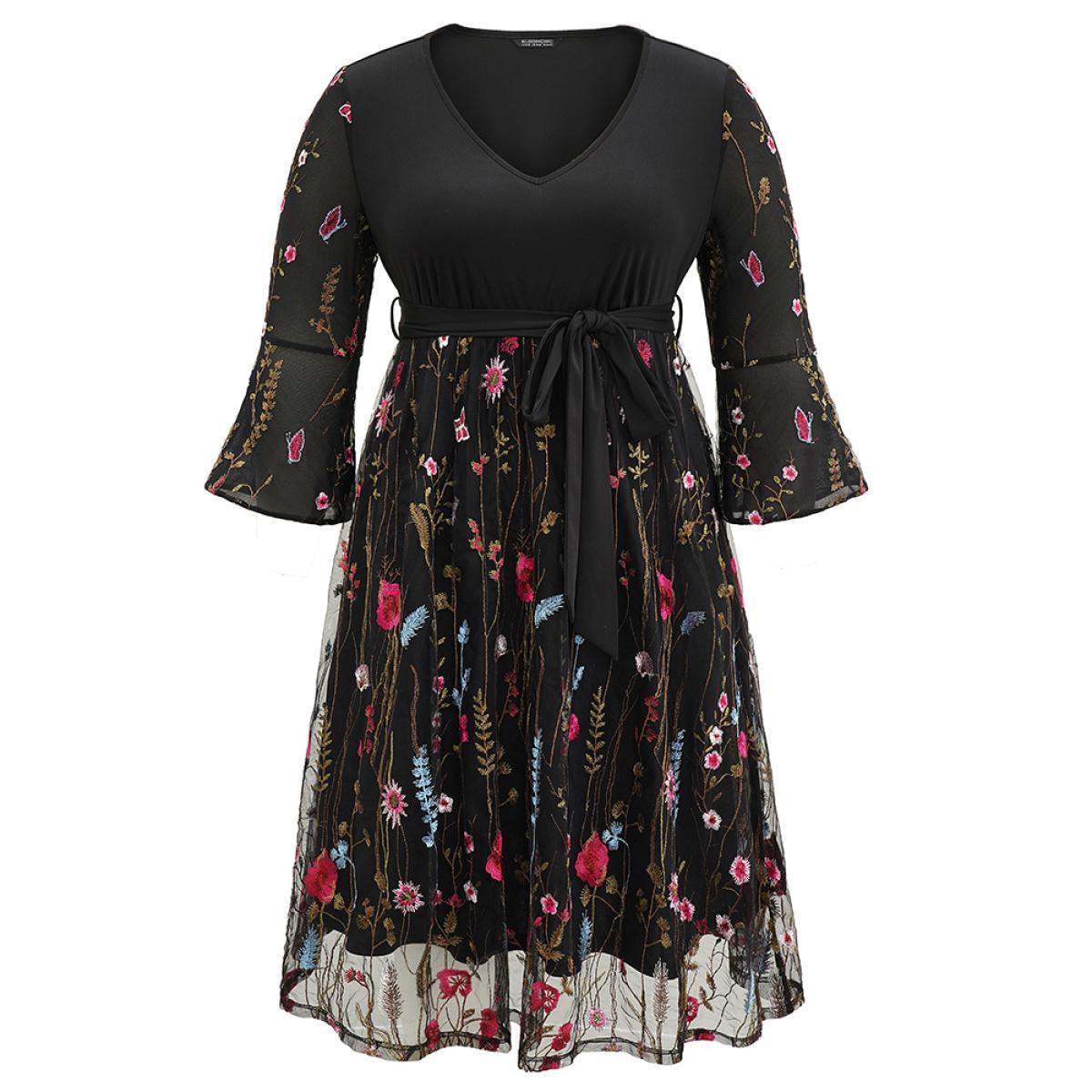 Plus Size Floral Embroidered Mesh Patchwork Bell Sleeve Dress Black Women Glamour Lined V-neck Elbow-length sleeve Curvy Midi Dress BloomChic 14-16/1X Product Image