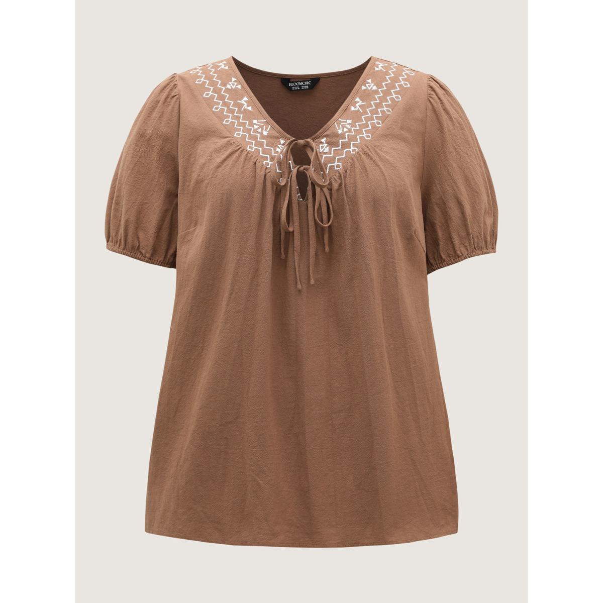Plus Size Bronze Pure Cotton Embroidered Neck Blouse Women Short sleeve V-neck Vacation Blouses BloomChic 18-20/2X Product Image