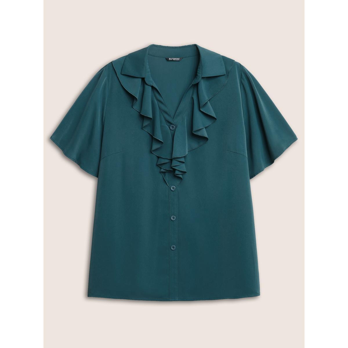 Plus Size Cyan Solid Button Detail Ruffle Trim Blouse Women At the Office Short sleeve Shirt collar Work Blouses BloomChic 14-16/1X Product Image