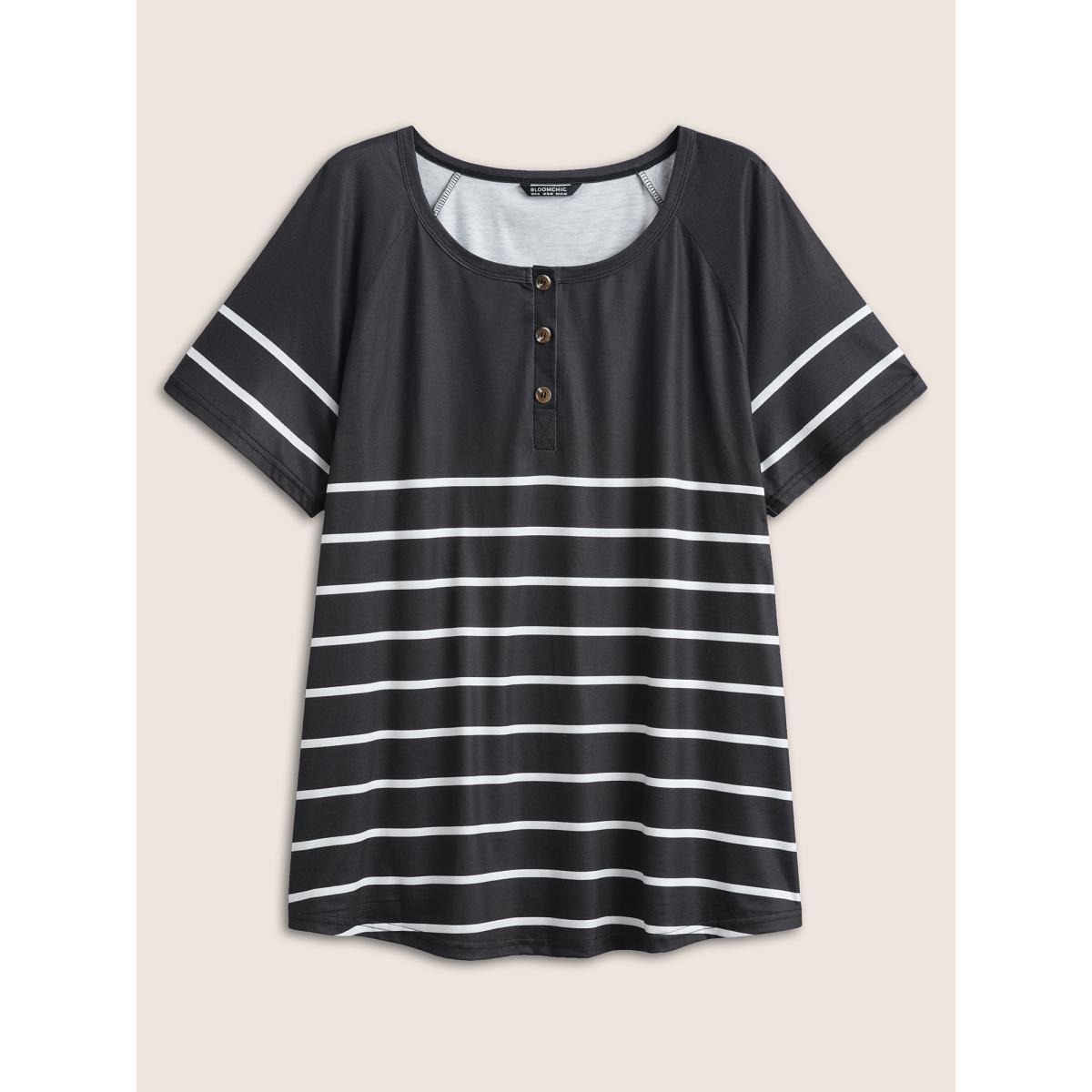 Plus Size Striped Print Raglan Sleeve Button Up T-shirt Black Women Casual Contrast Striped Round Neck Everyday T-shirts BloomChic 12/L Product Image