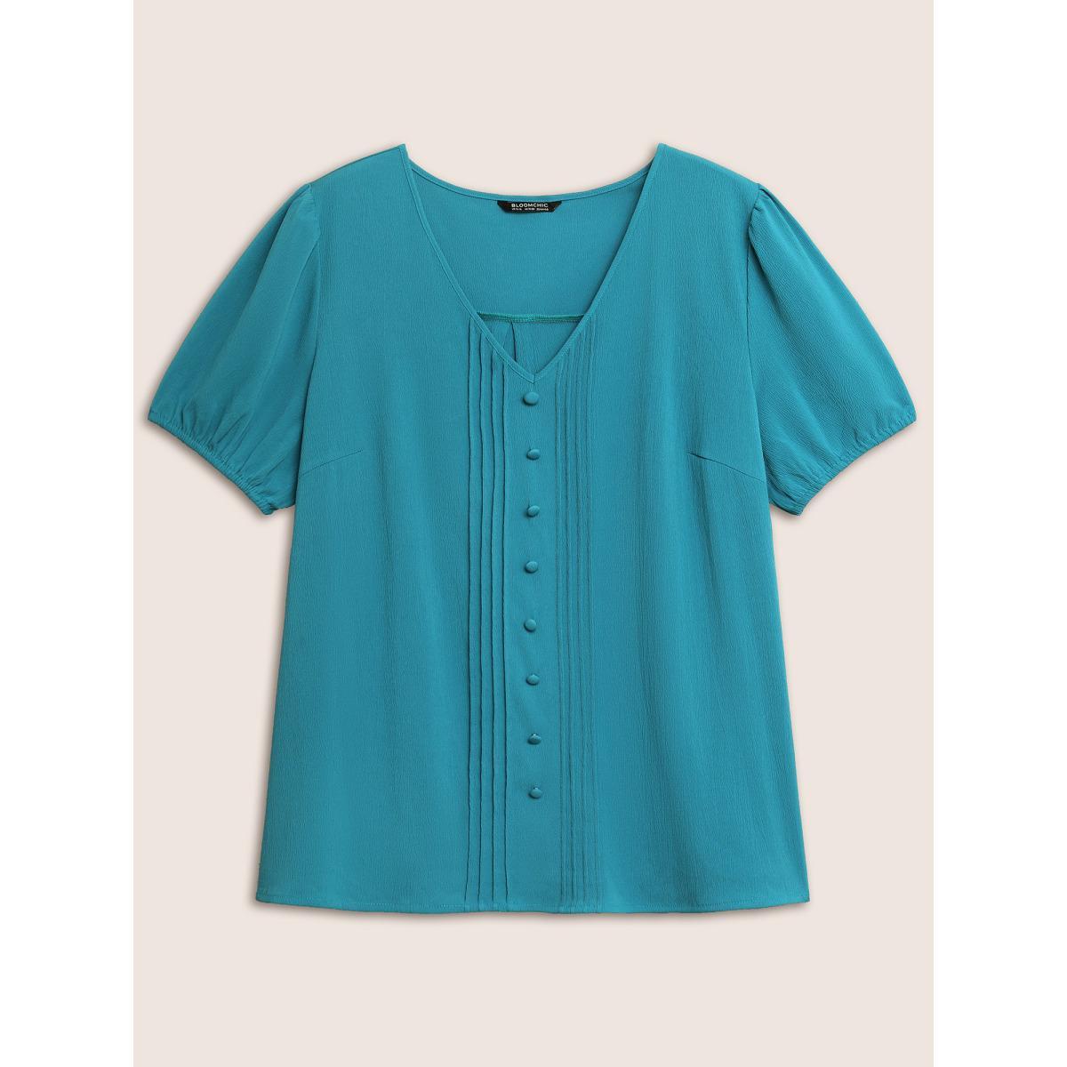 Plus Size Cerulean V Neck Button Detail Pleated Split Hem Blouse Women Casual Short sleeve V-neck Everyday Blouses BloomChic 10/M Product Image