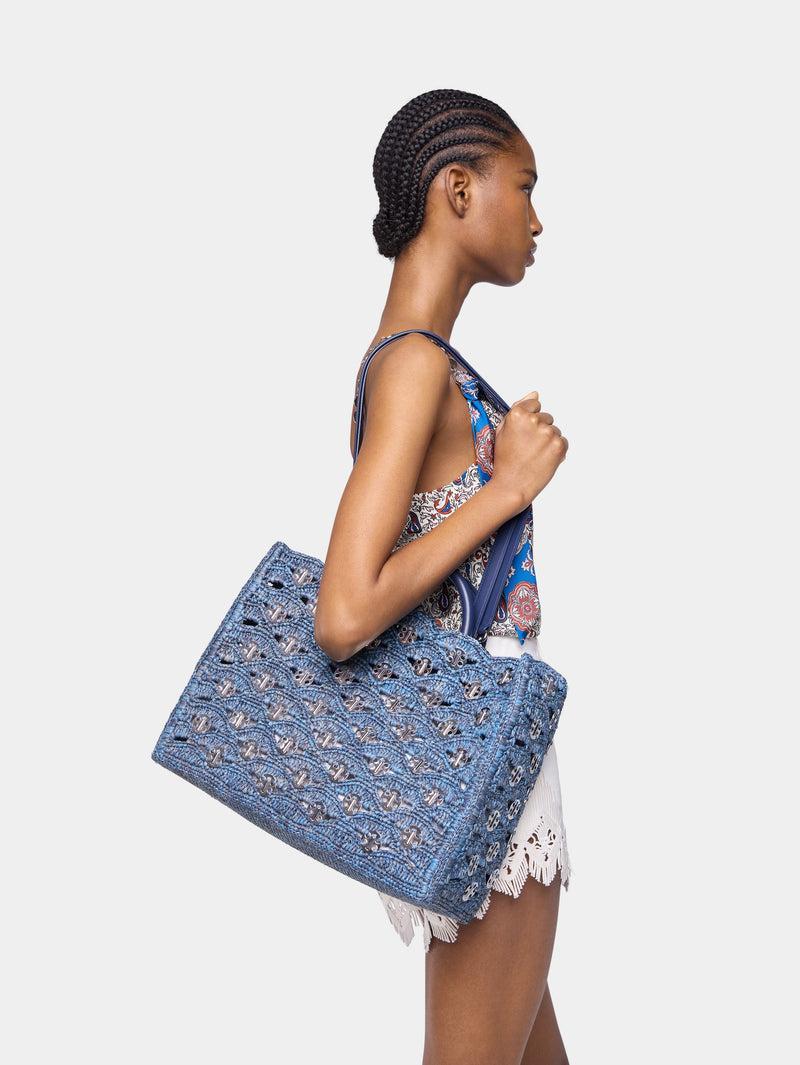 DENIM BLUE TOTE BAG IN RAFFIA Product Image