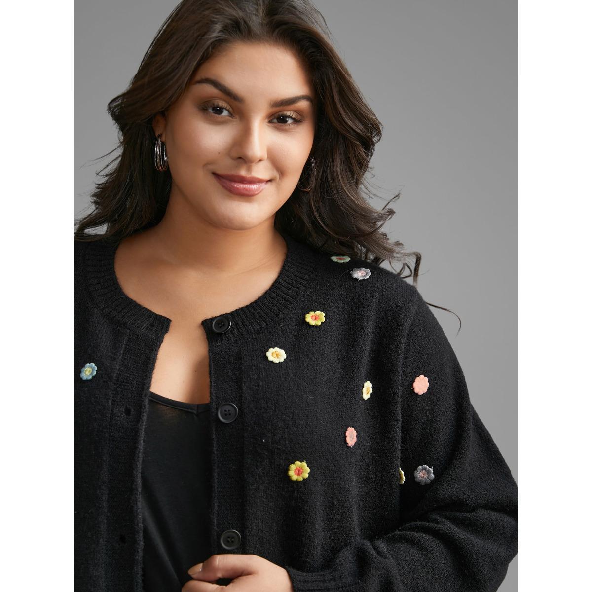 Plus Size Stereo Flower Design Button Through Cardigan Black Women Casual Loose Long Sleeve Everyday Cardigans BloomChic 14-16/1X Product Image