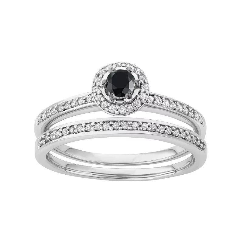 10k White Gold 1/2 Carat T.W. Black & White Diamond Halo Engagement Ring Set, Women's, Size: 5 Product Image