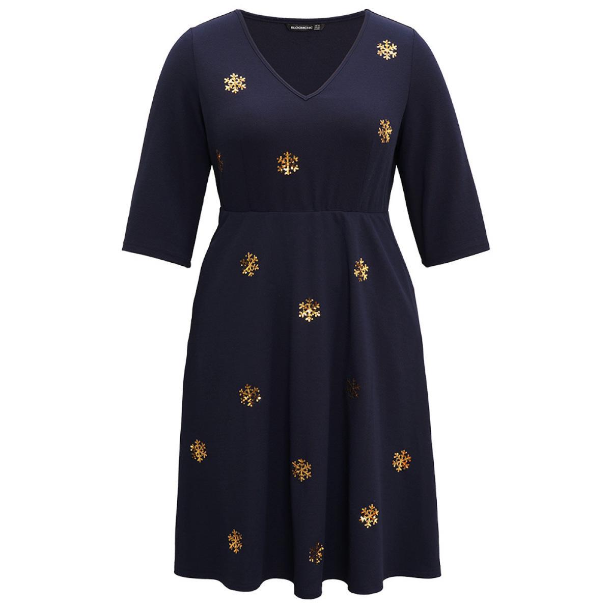 Plus Size Snowflake Sequin Embroidered Pocket Dress Midnight Women Party Sequin V-neck Elbow-length sleeve Curvy Midi Dress BloomChic 10/M Product Image