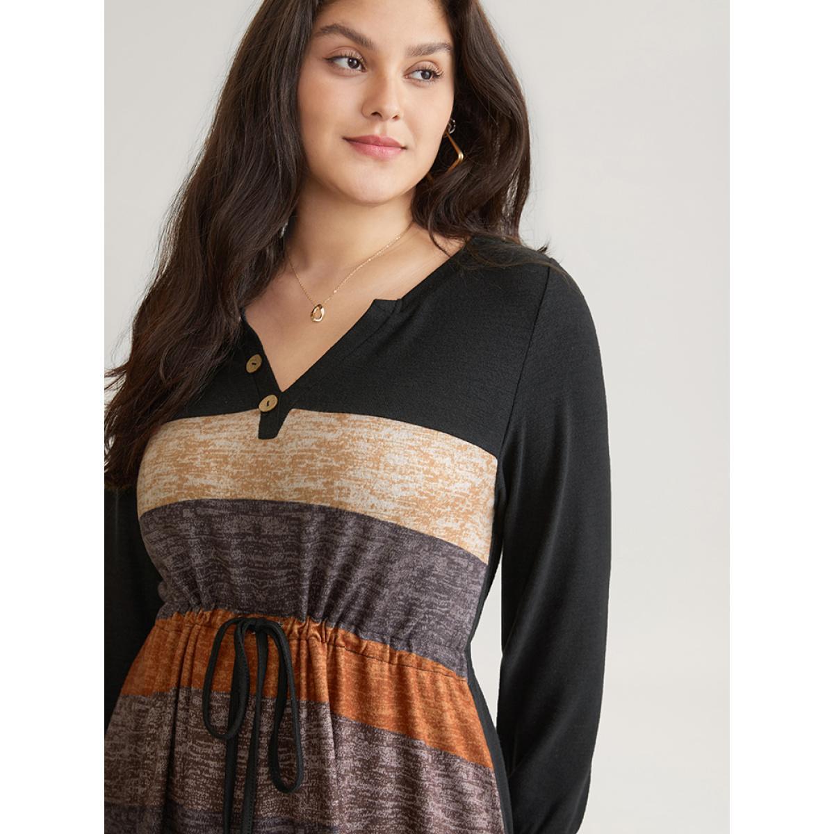Plus Size Colorblock Striped Pocket Notched Drawstring Dress DarkBrown Women Casual Printed Notched collar Long Sleeve Curvy Midi Dress BloomChic 28/5X Product Image