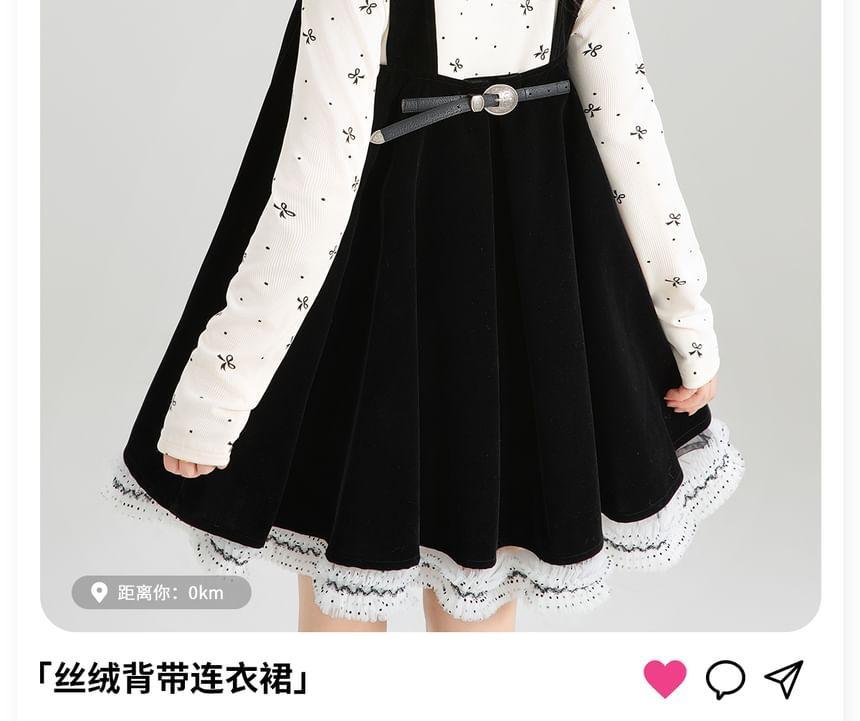 Long Sleeve Collared Dotted Shirt / Pleated Buckled Panel Velvet Mini A-Line Overall Dress Product Image