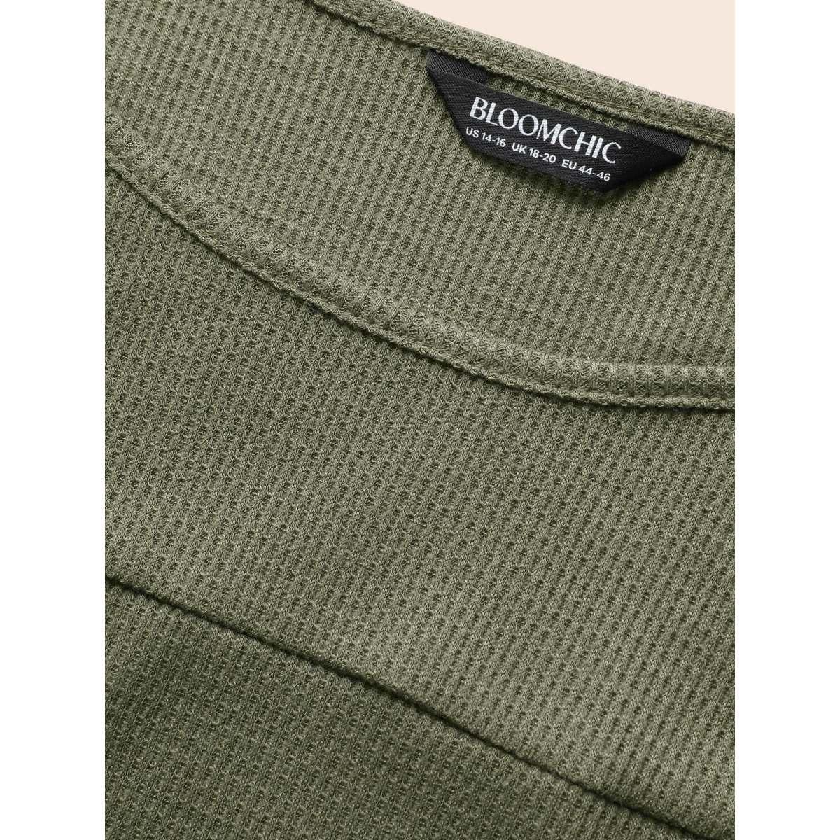 Plus Size Crew Neck Waffle Knit Patchwork Contrast T-shirt ArmyGreen Women Casual Texture Non Everyday T-shirts BloomChic 22-24/3X Product Image