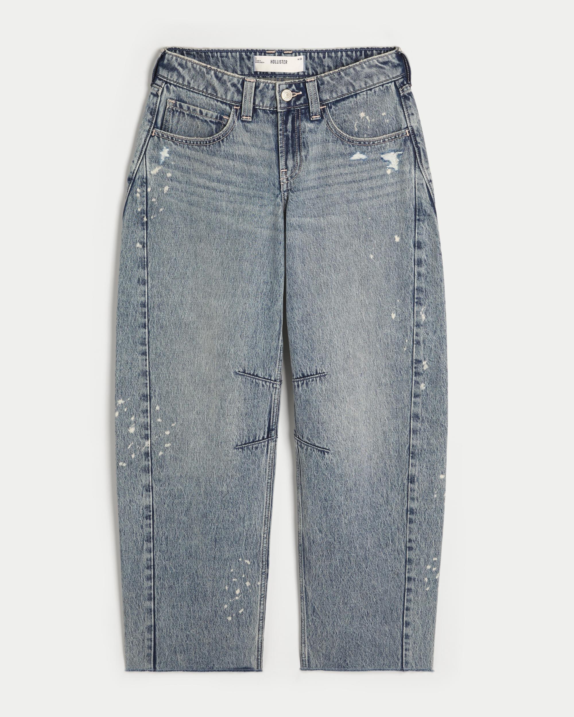 Low-Rise Light Wash Paint Splatter Barrel Jeans Product Image