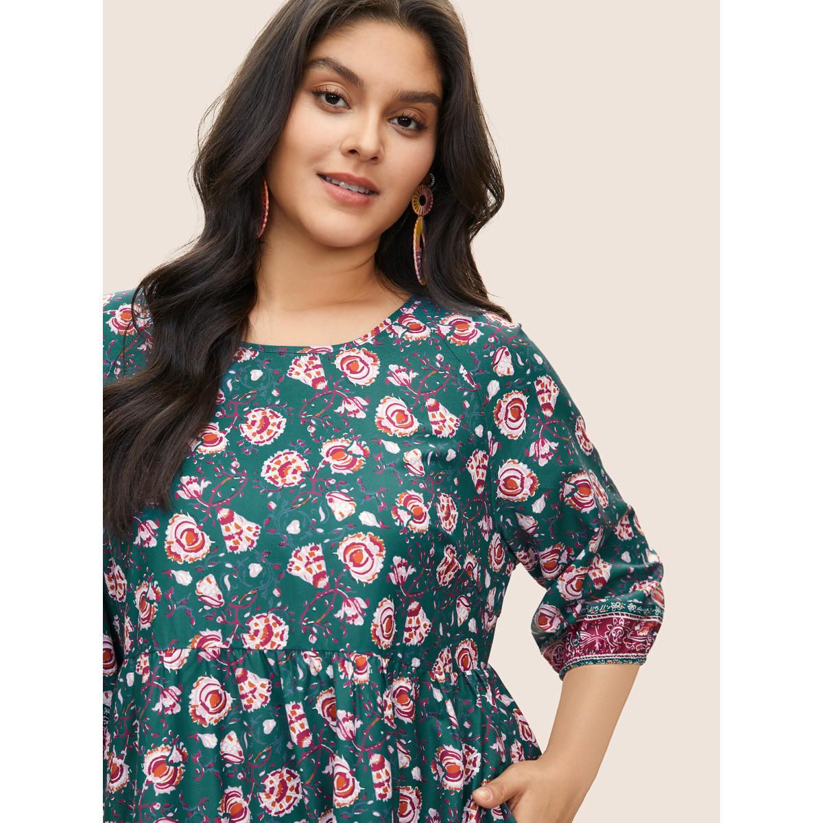 Plus Size Bandana Floral Print Lantern Sleeve Gathered Dress Emerald Women Resort Non Round Neck Elbow-length sleeve Curvy Midi Dress BloomChic 22-24/3X Product Image