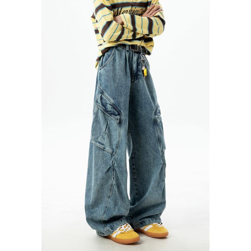 Mid Rise Washed Wide Leg Cargo Jeans Product Image
