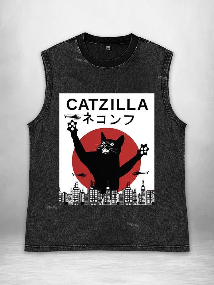 Vintage Catzilla Graphic Acid Washed Tank Tops Product Image