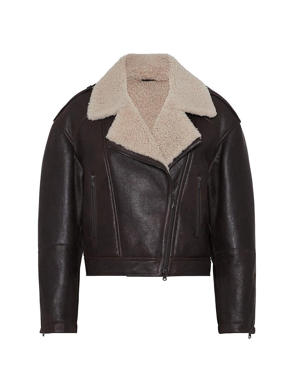 Womens Waxed Shearling Biker Jacket with Shiny Details Product Image