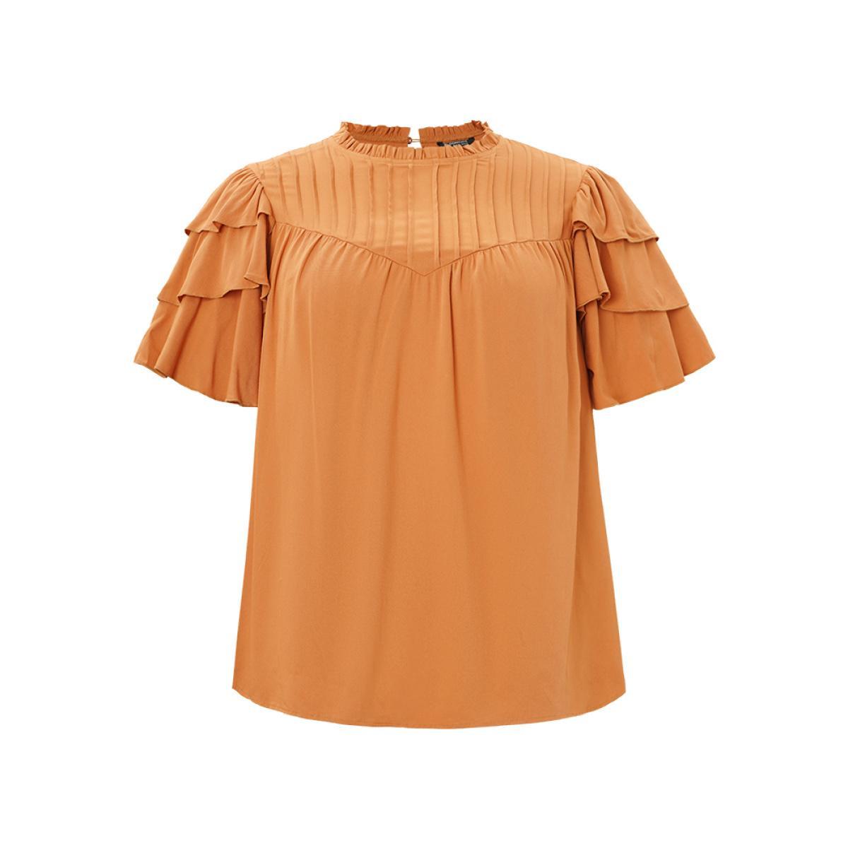 Plus Size Rust Solid Pleated Keyhole Ruffle Tiered Sleeve Frill Trim Blouse Women Elegant Short sleeve Round Neck Dailywear Blouses BloomChic 12/L Product Image
