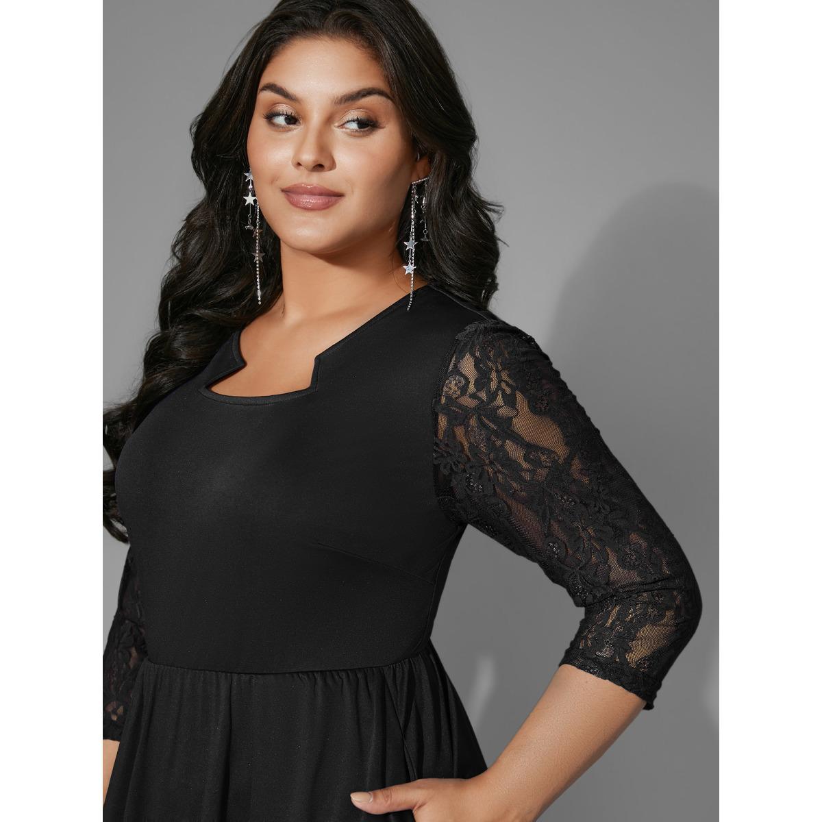 Plus Size Asymmetrical Neck Lace Patchwork Mesh Dress Black Women Cocktail Woven ribbon&lace trim Party Curvy Bloomchic 14-16/1X Product Image
